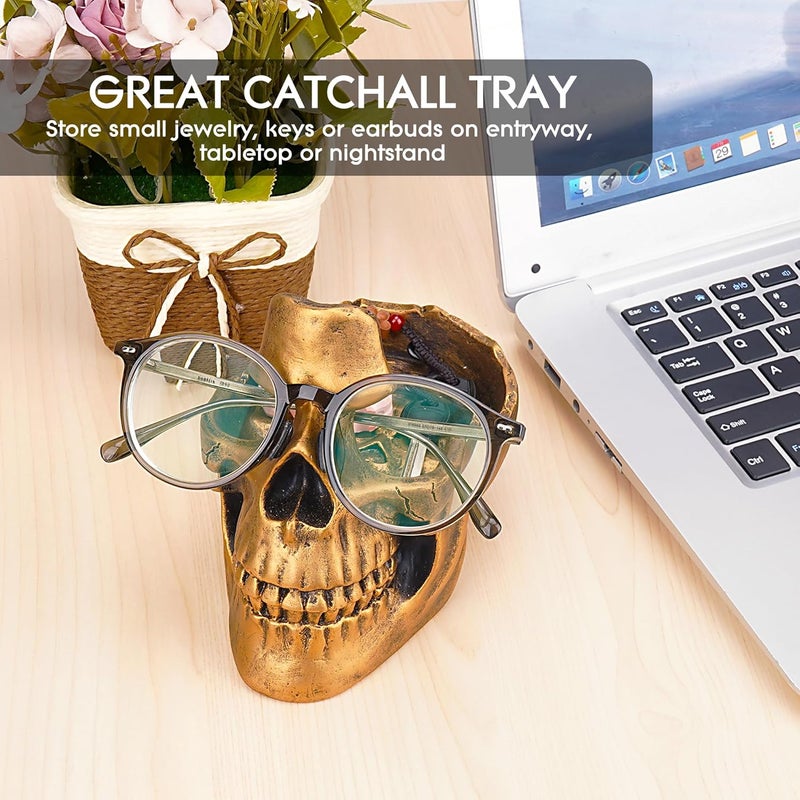 BUNCHBRAVO Skull Glasses Holder with Tray - Gothic Resin Eyeglasses Stand and Sunglasses Organizer for Entryway, Home, Office, Desk, Rustic Gold - Image 5